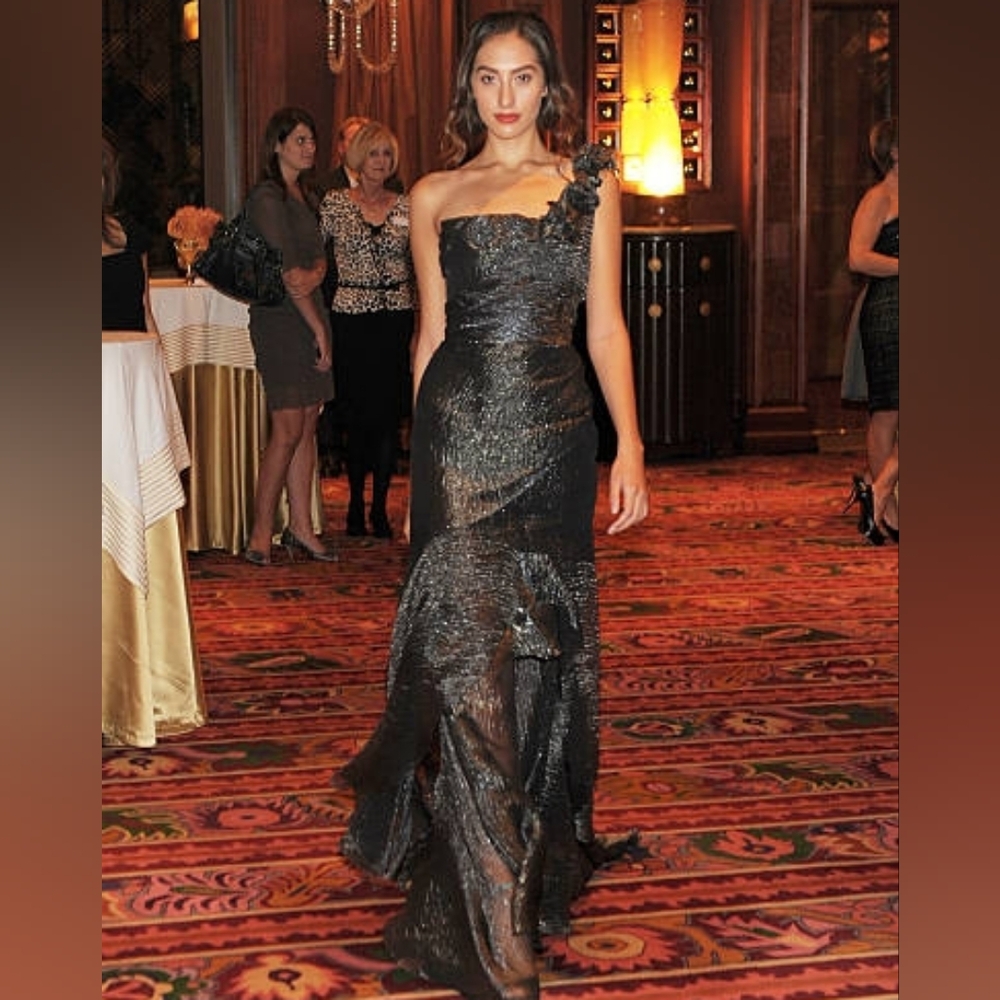 $6,000 OSCAR DE LA RENTA PICASSO SILK DARK SILVER WAVE DRESS GOWN US 12